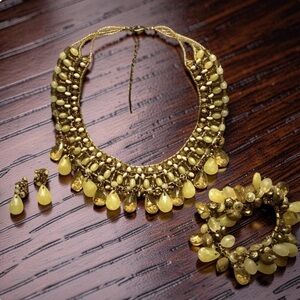 Vintage Yellow Brown Gold Toned Citrine Stone Bead Necklace, Bracelet & Earrings
